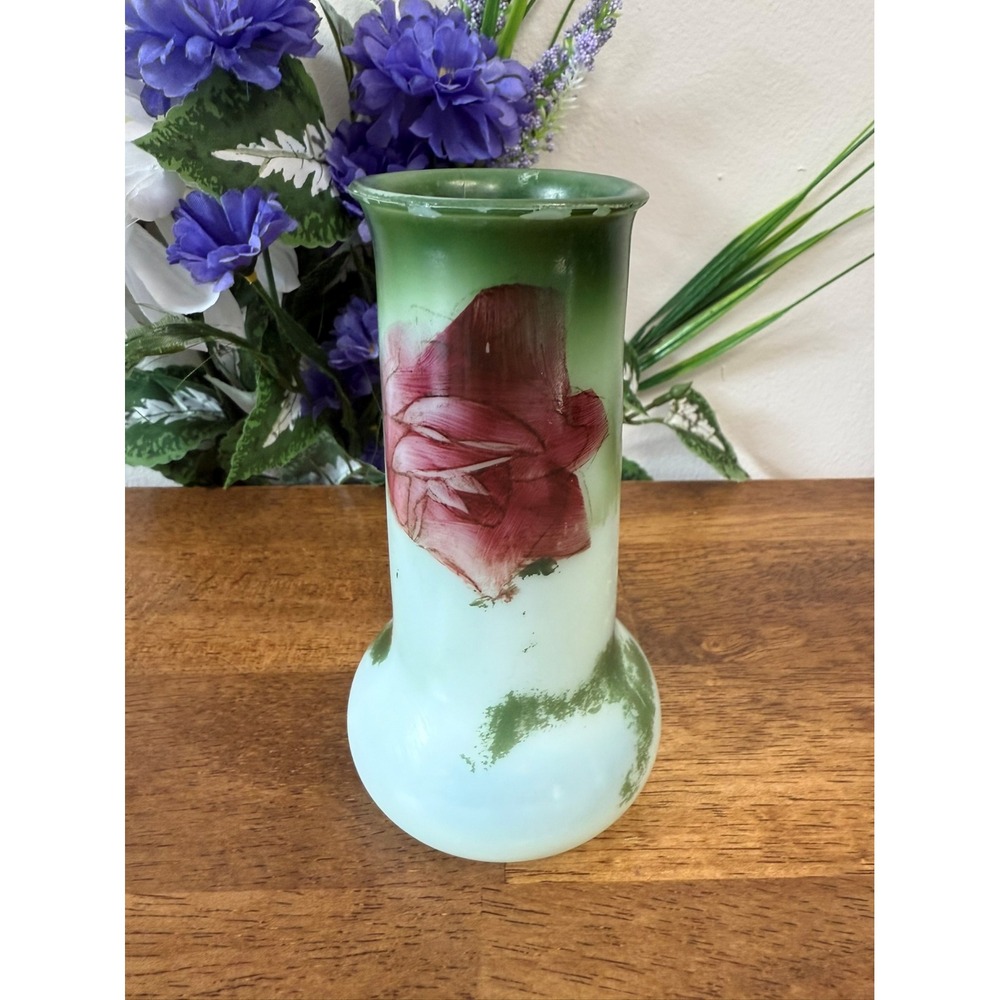 Vintage Hand Painted Green‎ and White Glass Vase Rose Motif Art Deco Style